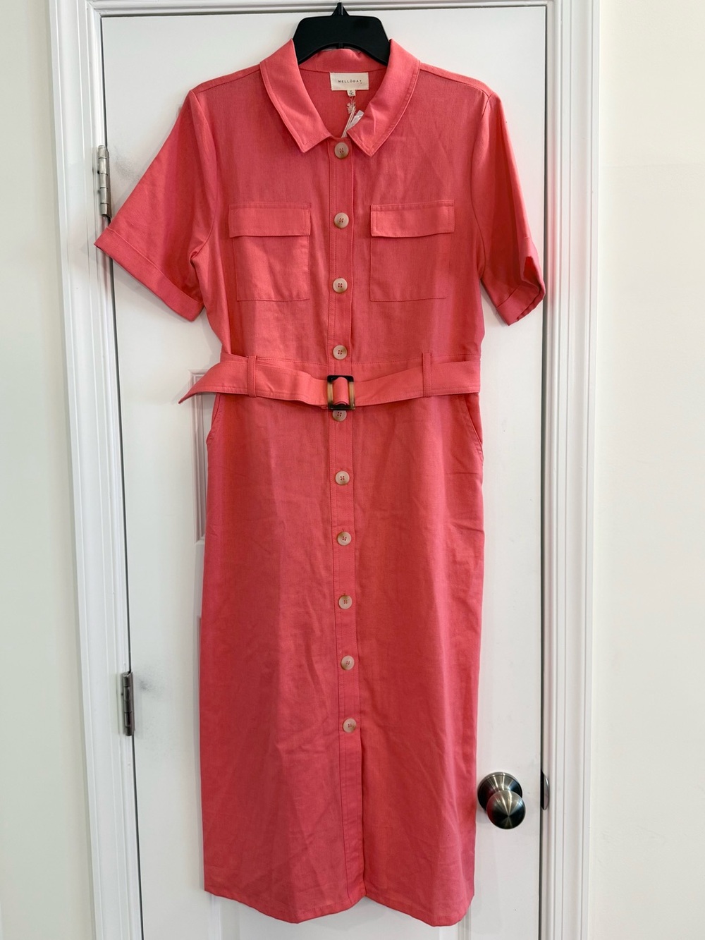 Linen Blend Coral Button Front Belted Shirt Dress Size M